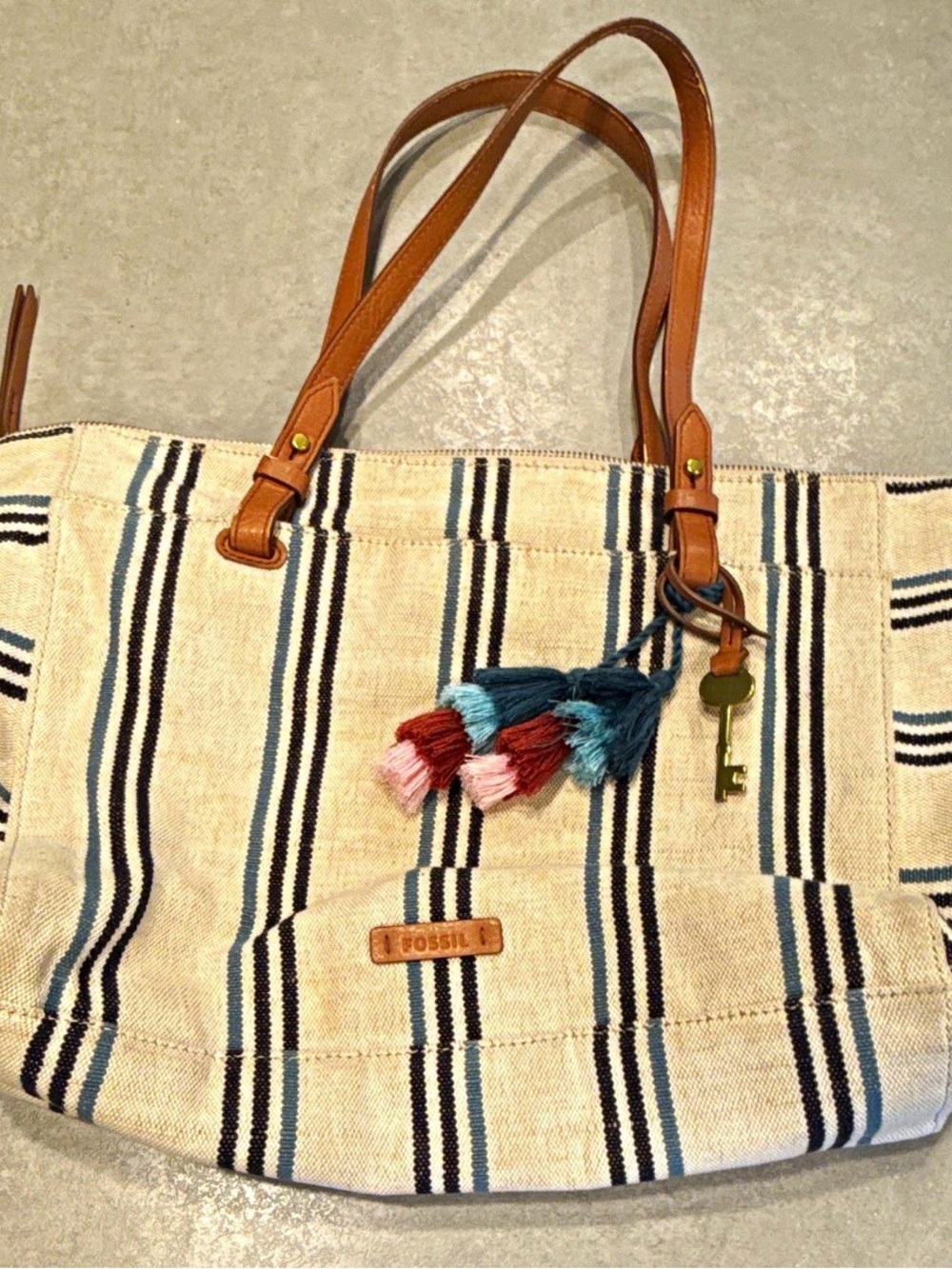 Fossil Rachel Tote Bag Striped Canvas Leather Tassel Key Charm Navy Tan Large